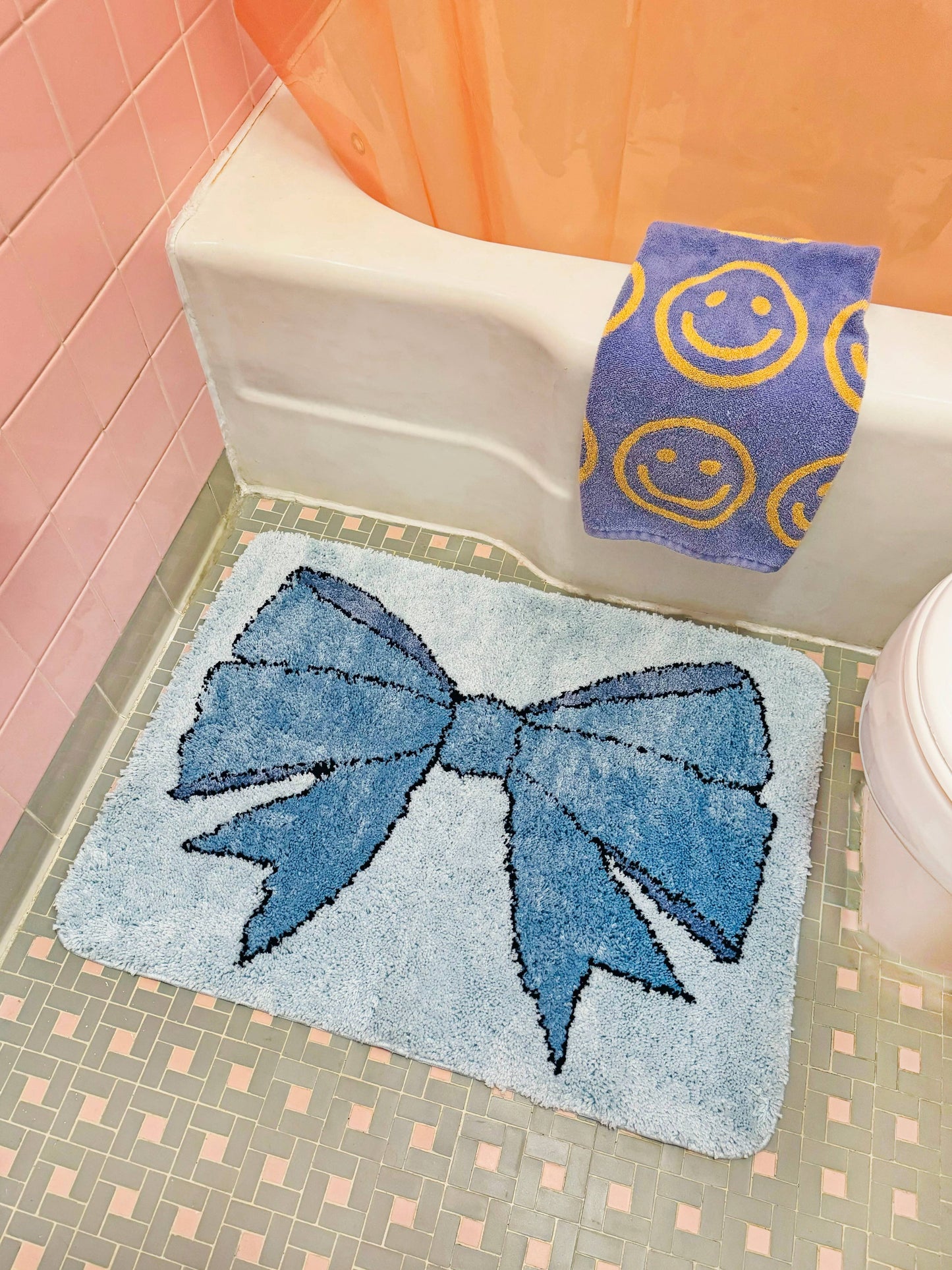 Blue Bow Design Polyester Bath Mat