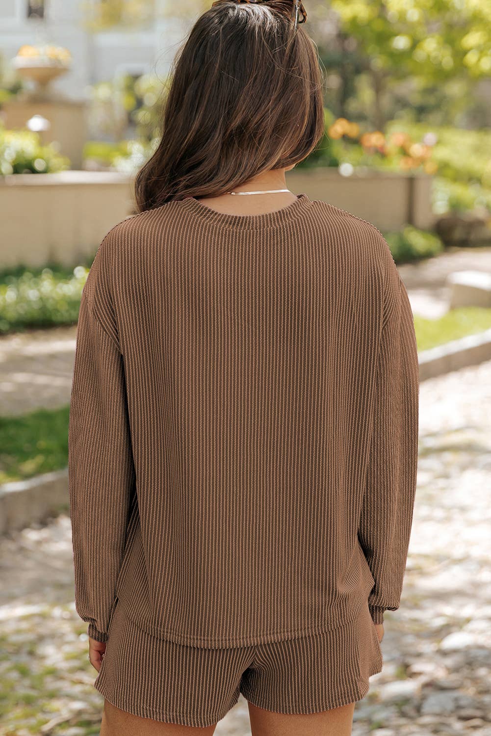 Espresso Corded Knit Long Sleeve Top and Shorts Set