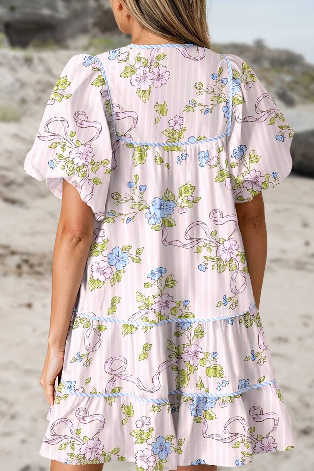 Floral Striped Print Split Neck Mini Dress