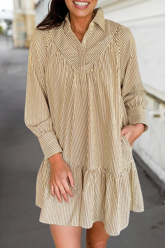 Autumn Stripe Collared Long Sleeve Shirt Mini Dress