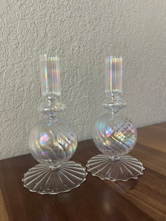 Clear Iridescent Tapered Candle Holders