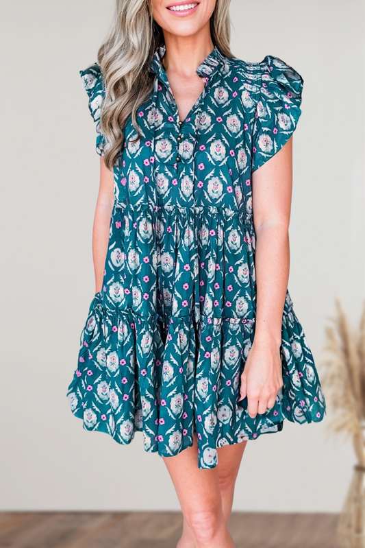 Retro Floral Print Ruffle Short Sleeve Dress