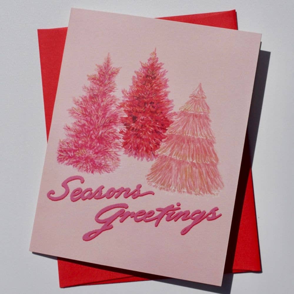 Pink Christmas Trees "Seasons Greetings" Holiday Card + Envelope