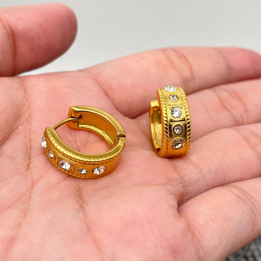 Inlaid CZ 18K Gold Plated Stainless Steel Huggie Earrings - FGS